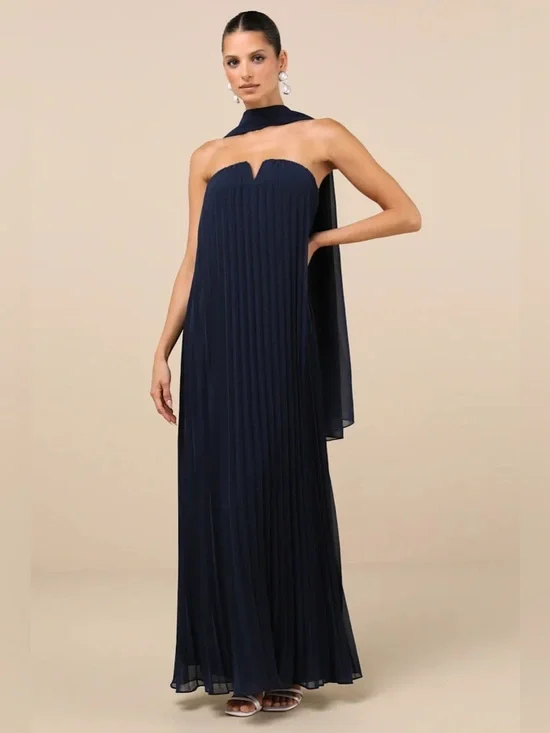Lulus Lael Navy Pleated Strapless Dress - Picture 2 of 9